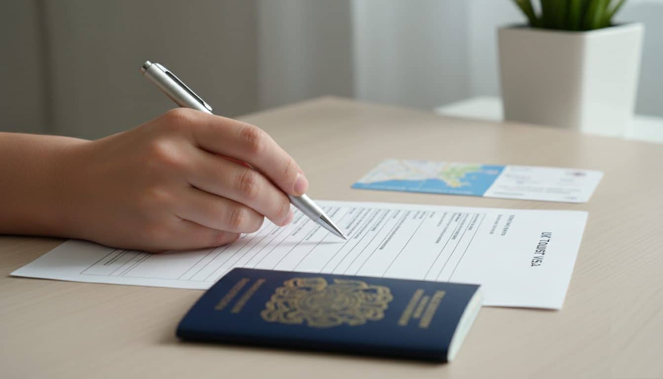 UK tourist visa application documents with passport on desk